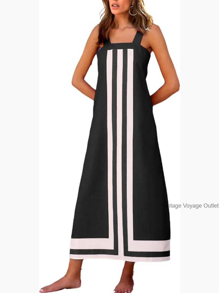 Women's Maxi Dress Boho Striped Shoulder Strap Long Sundress Beach Cover Up
